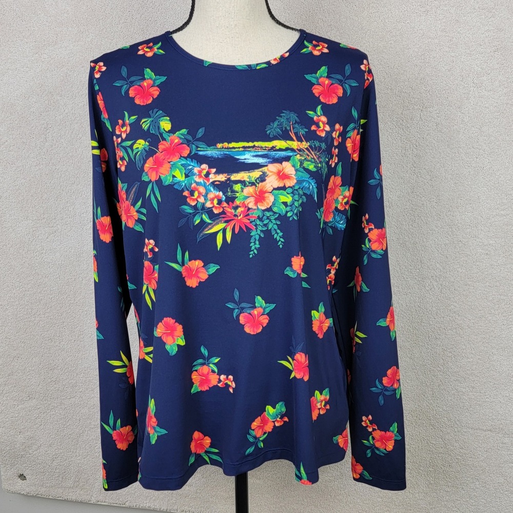 Lands' End Women's L 14-16 Navy Blue Tropical Hibiscus UPF 50+ Rash Guard Top - Picture 2 of 11